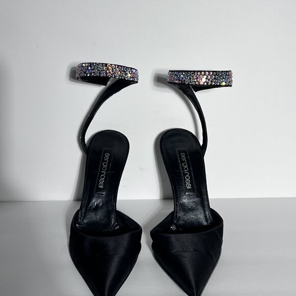 Sergio Rossi Swarovski Crystal Ankle Wrap High Heel Black Satin Shoe Sz 38 - Picture 11 of 15